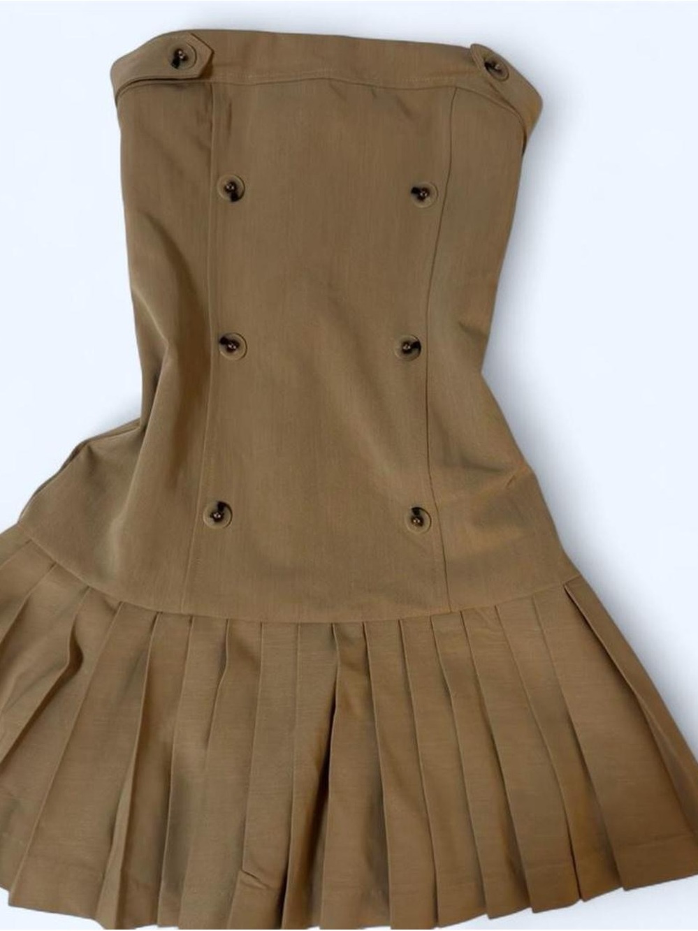 Anthropologie Strapless Double-Breasted Pleated Mini Dress in Tan
